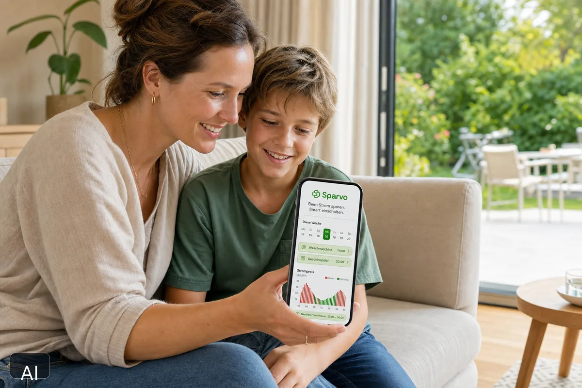 Familie und Smartphone mit Sparvo-Preisübersicht (KI-generiertes Bild)